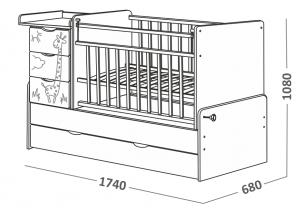 540031 Кровать детская СКВ 5 Жираф, опуск.бок.,маятник 4 ящика, белый  (74,5 кг)